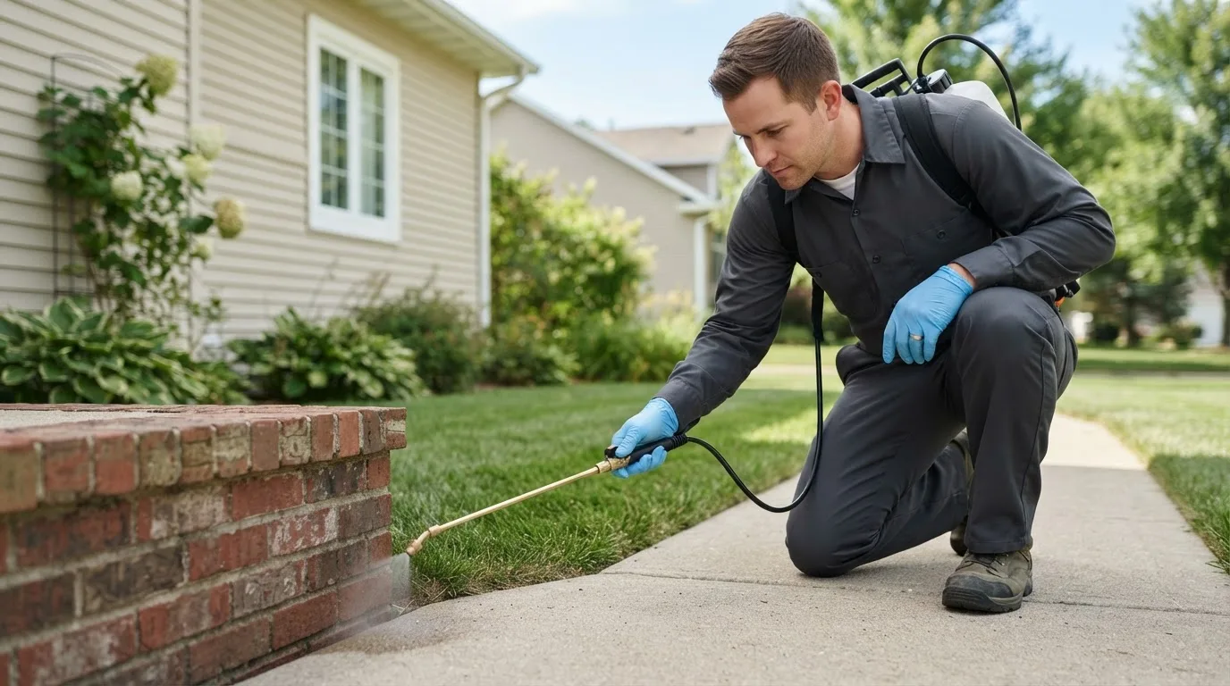 Pest control technician treating a home near Redford, NY